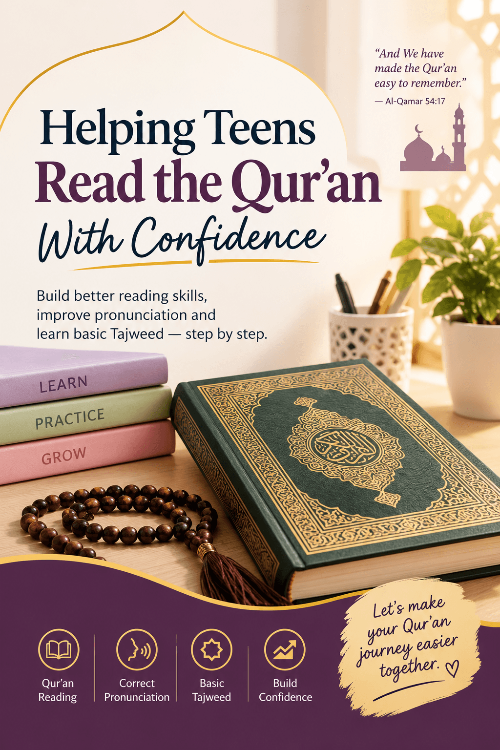 A beautiful Qur’an with prayer beads on a study table, giving it a peaceful learning atmosphere.
